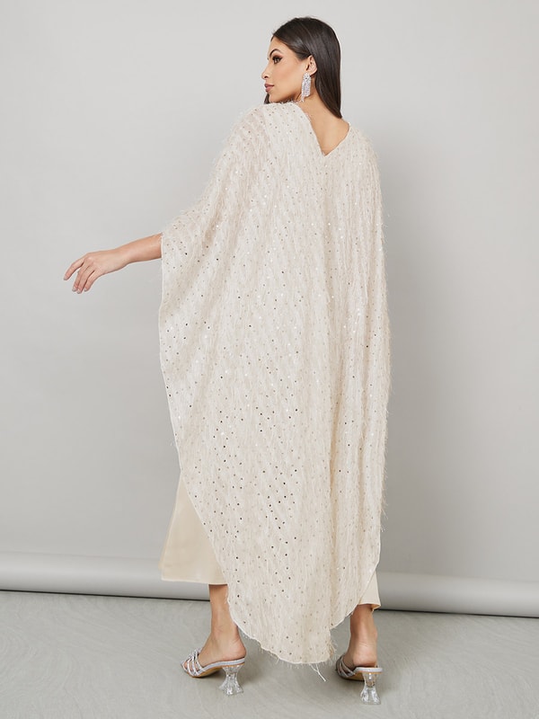 Buy Embellished Cape Satin Maxi Dress Beige For Women | Styli Saudi