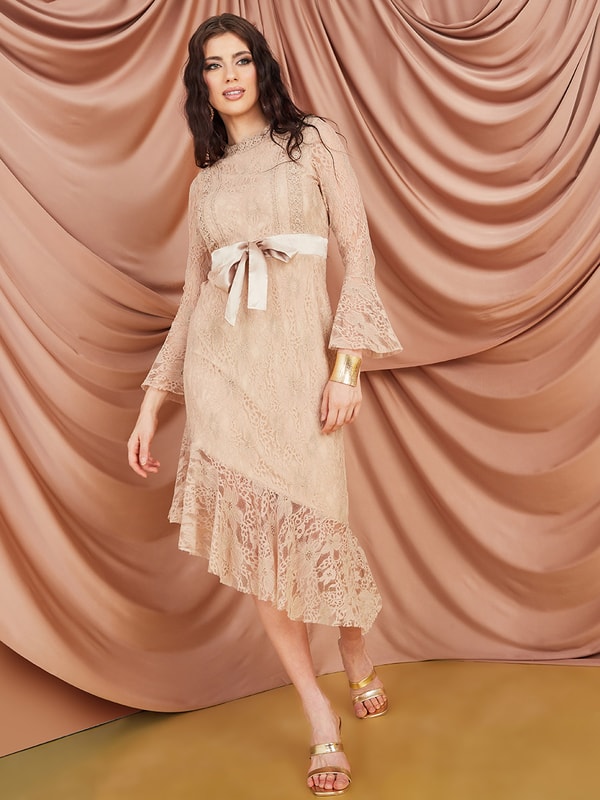 Dusty pink lace detail asymmetric hem midi dress outlet