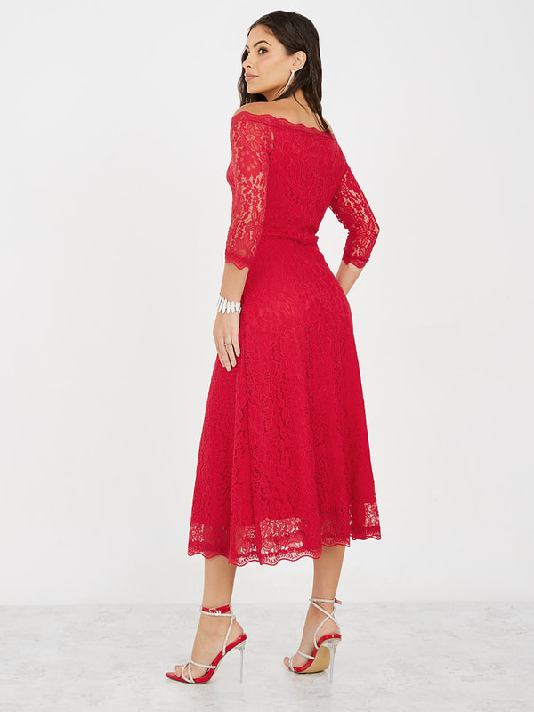 Off Shoulder Lace Insert A-Line Midi Dress For Women at Saudi | Styli Off Shoulder Lace Insert A-Line Midi Dress For Women at Saudi | Styli