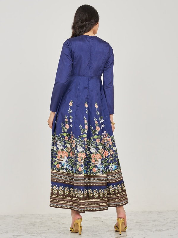 Women Navy Floral Anarkali Skirt With Front Dori Crop Top