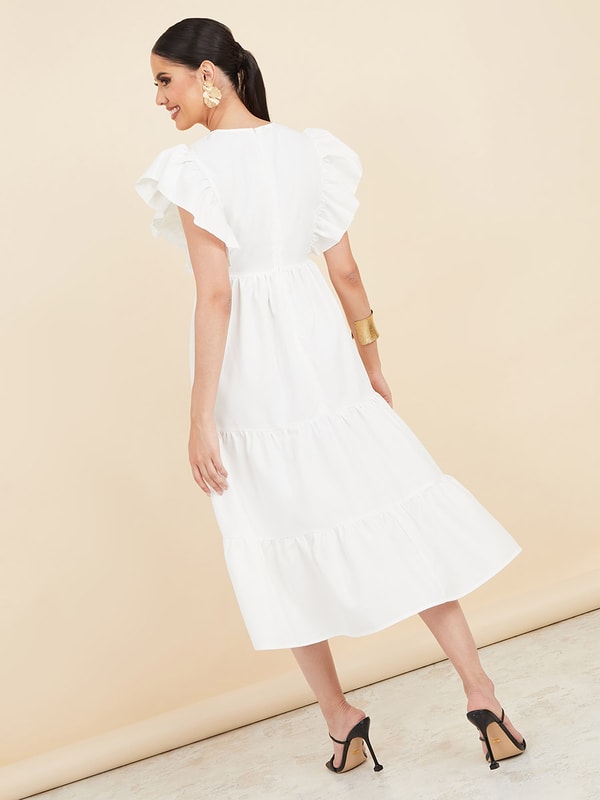 Shirred Ruffle Sleeve Midi Dress