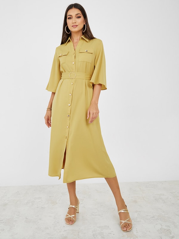 Flap Pocket Belted Shirt Midi Dress For Women at Saudi | Styli