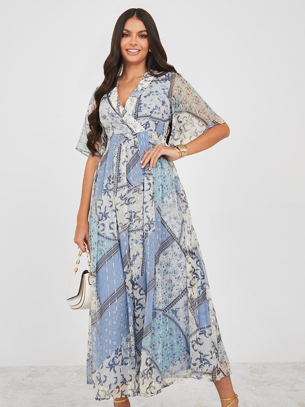 Lurex Scarf Print Shirt Maxi Dress