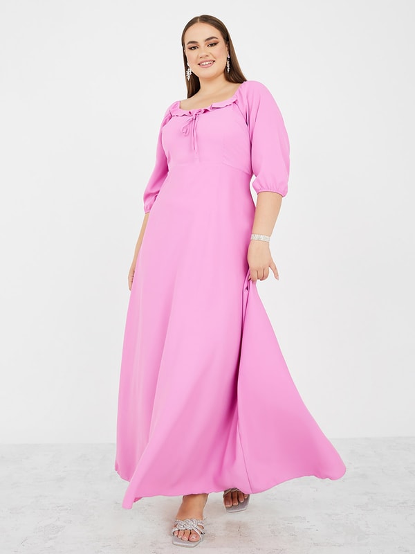 Berrylush Women Plus Size Solid Pink Dobby Weave Square Neck Thigh-High  Slit Fit & Flare Maxi Dress