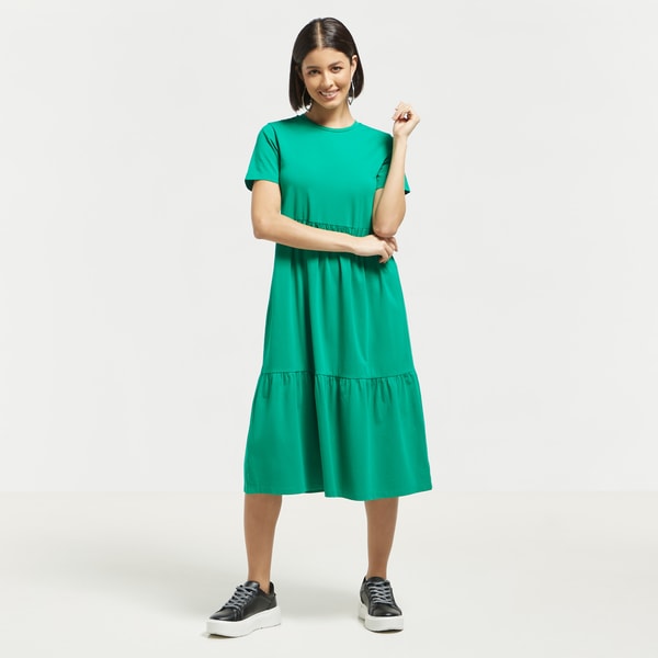 Long Sleeve Kmart High Neck Pleated Maxi Dress Solid Tiered A-Line Dress  For Women At Saudi Styli