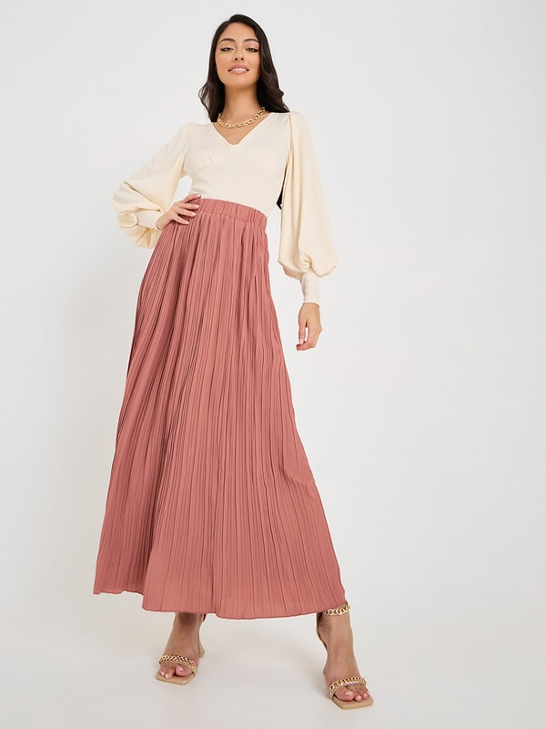 Elastic Waist Pleated A Line Maxi Skirt