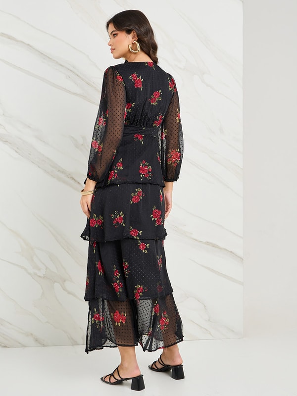 Buy Dobby Floral Print Layered Maxi Dress Black For Women