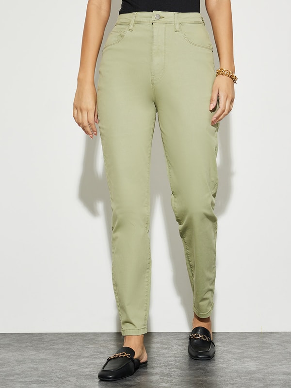 Buy High Rise Stretch Mom Jeans Khaki For Women Styli Kuwait