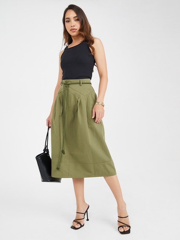 Buy Solid Cotton Midi Skirt with Tie String Belt Olive For Women