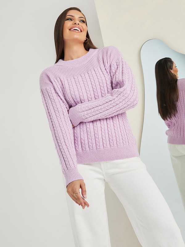 Buy Regular Fit Brushed Yarn Cable Knit Sweater Purple For Women Styli UAE
