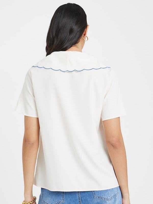 Buy Floral Embroidered Peter Pan Collar Blouse Beige For Women Styli UAE