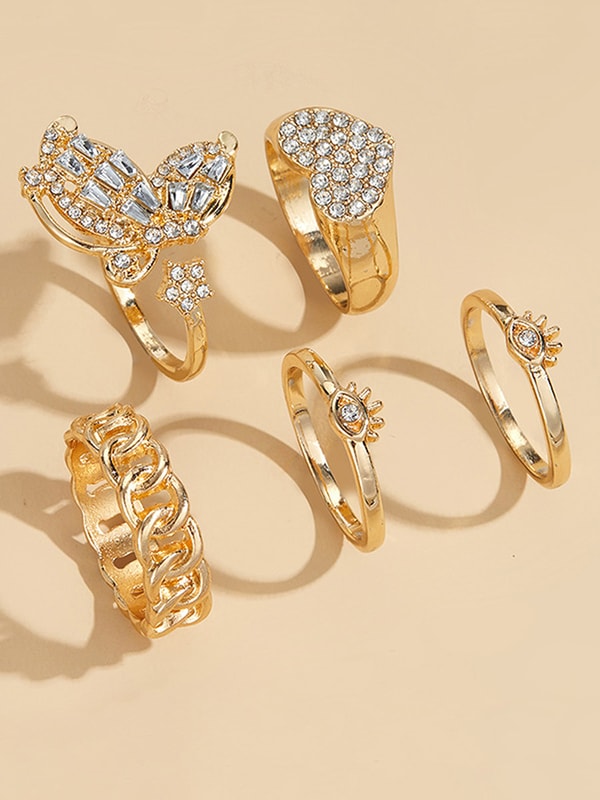 Buy Set of 5 - Butterfly and Heart Detail Rings Gold For