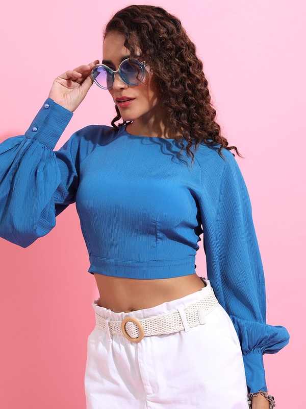 Volume Sleeves Open Back Tie Up Crop Top For Women at Saudi | Styli