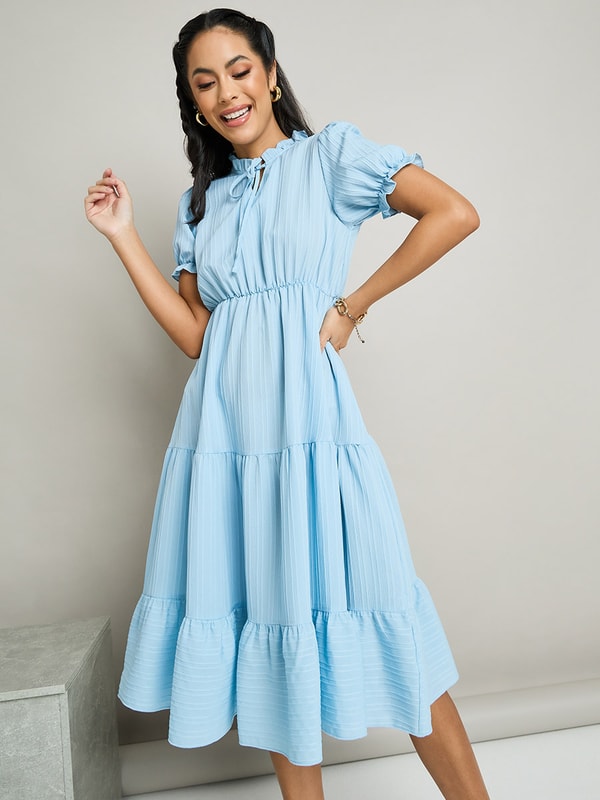 Buy Tie Up Neck Tiered Knee Length Dress Blue For Women Styli Kuwait