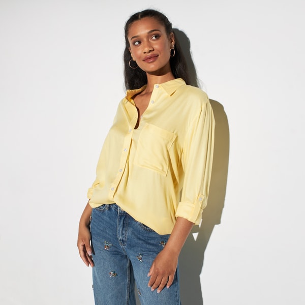 Womens yellow button down shirt cheap