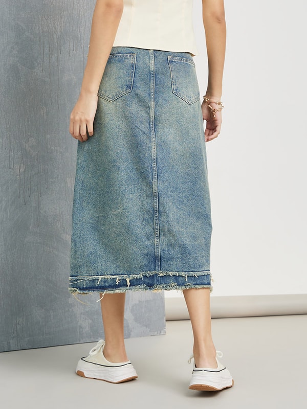 Frayed Edge High Fade Denim Midi Skirt