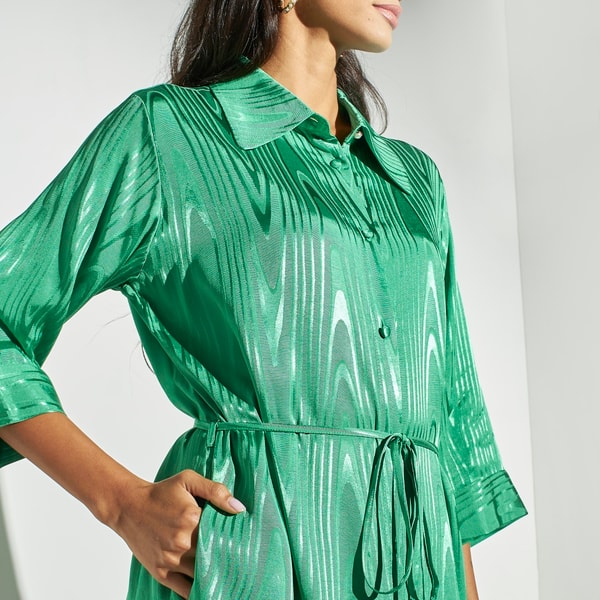 Textured Button Through Shirt Dress with TieUp Belt Styli