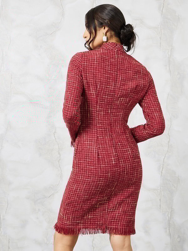 Long sleeve frayed top hem tweed dress