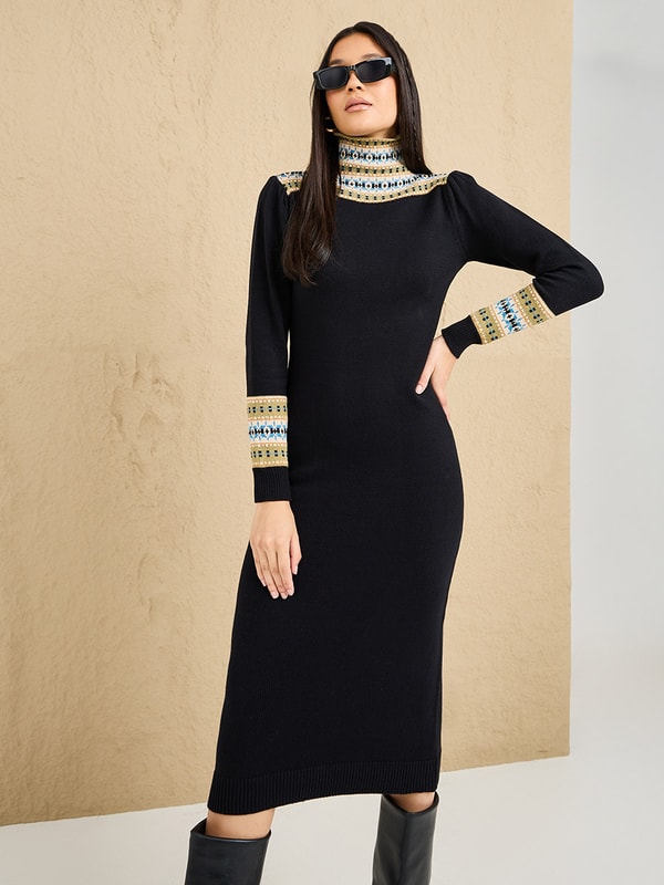 Buy Embroidered Pattern Knitted Sweater Midi Dress Black For Women Styli UAE
