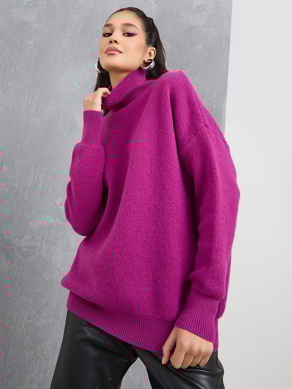 Buy Solid Oversized High Neck Drop Shoulder Sweater Purple For