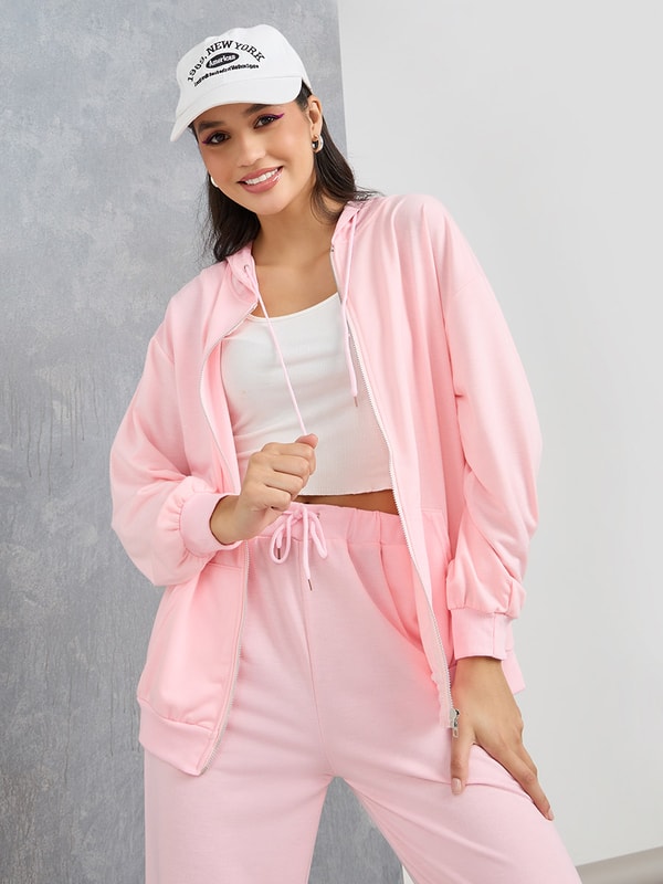 Buy Longline Zip Up Hoodie and Pants Co-Ords Pink For Women
