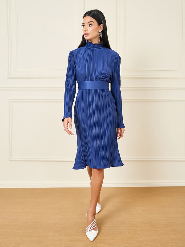 Buy Accordion Pleated High Neck Knee Length Dress with Back Bow Tie Blue For Women Styli Saudi