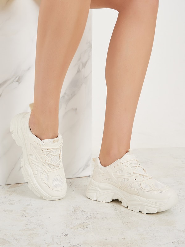 Buy Textured Lace Up Chunky Sole Sneakers White For Women Styli UAE