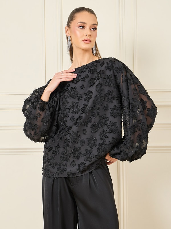 Buy Burnout Textured Balloon Sleeve Blouse and Wide Leg