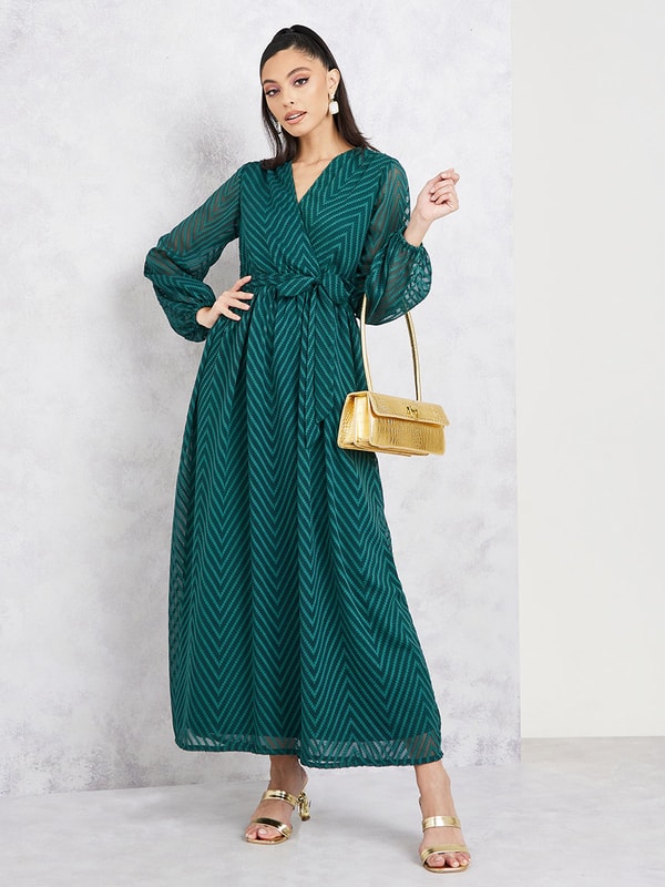 Buy Dobby Zig Zag Texture A-Line Maxi Dress Green For Women