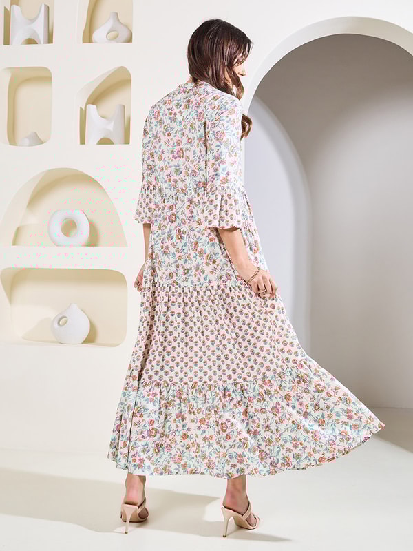 Buy All Over Print Notch Neck Maxi Dress with Bell Sleeves