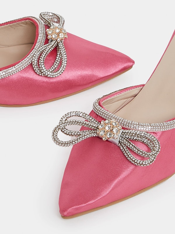 Buy Embellished Bow Trim Kitten Heel Sandals Pink For Women Styli UAE
