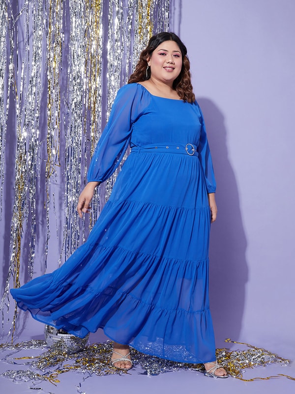 Plus Square Neck Belted Tiered Maxi Dress