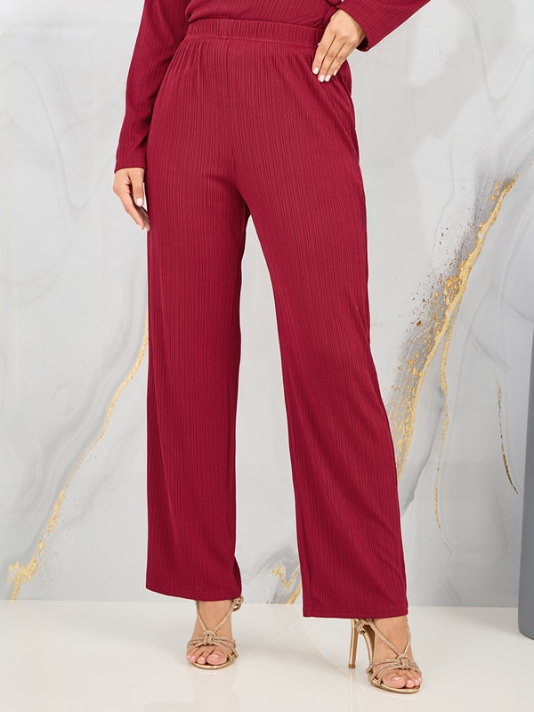 Buy Textured Longline Wrap Top and Straight Leg Pant Set Red