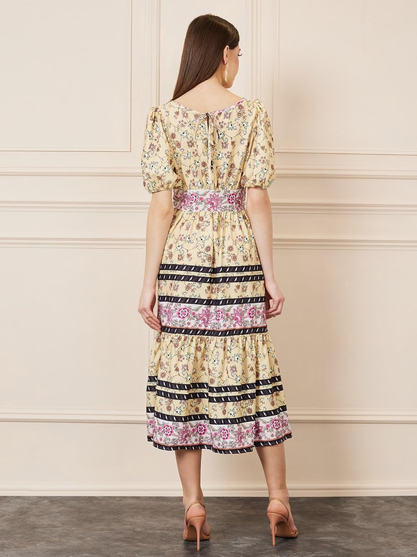 Yellow Print Tie Front Dress main image 1