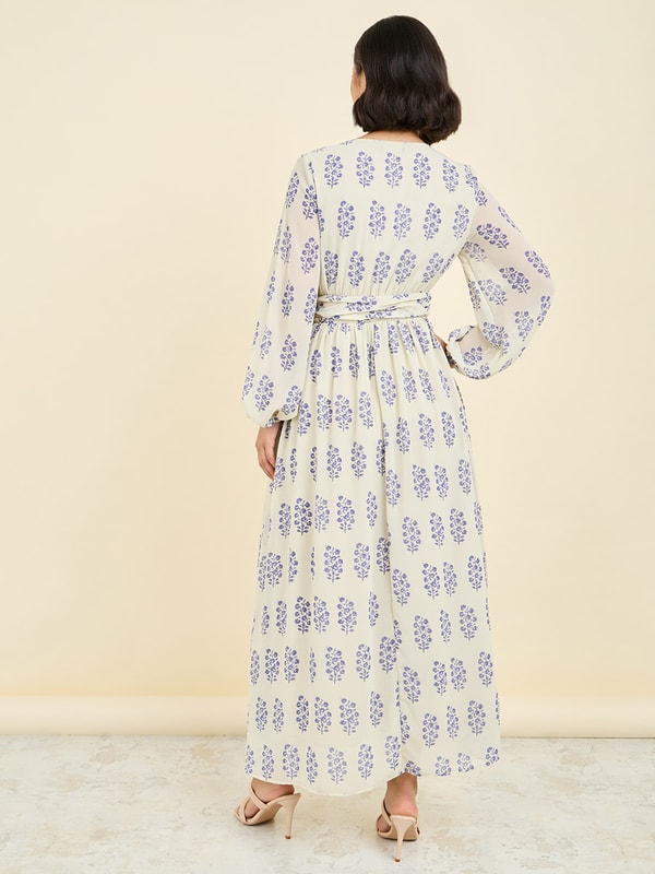 Blooming Flowers Satin Printed A-line Halter Tie-up Maxi Dress