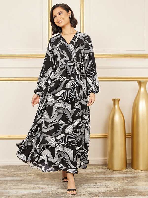 Abstract Print A-Line Wrap Maxi Dress For Women at UAE Styli