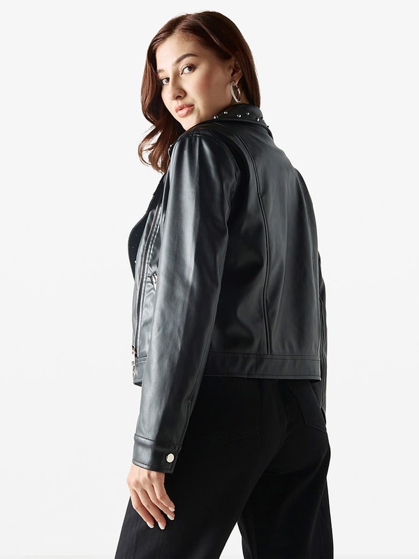 Buy Embellished Cropped Leather Biker Jacket with Zip Closure Black For Women Styli UAE