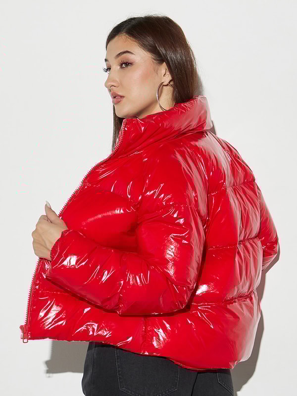 High Neck Cropped Puffer Jacket with Zip Closure For Women at