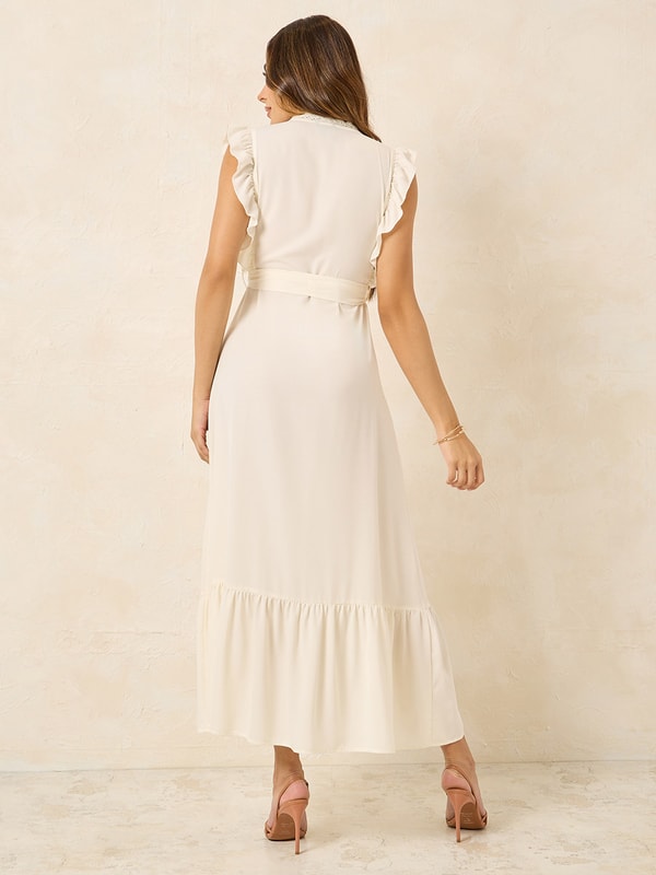 Buy Ruffle Detail Lace Trim A-Line Maxi Dress White For Women | Styli UAE