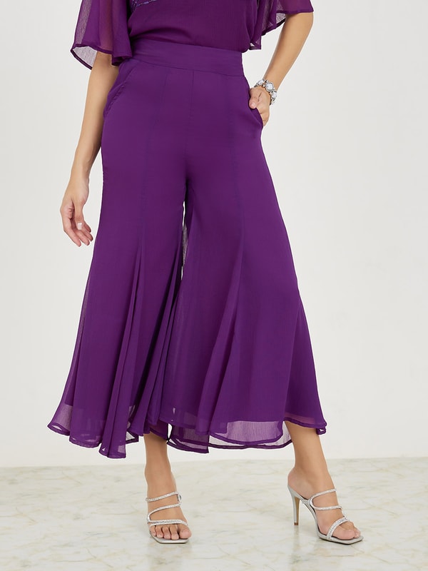 Buy Chiffon Sequined Top and Flared Pants Co-Ords Purple For