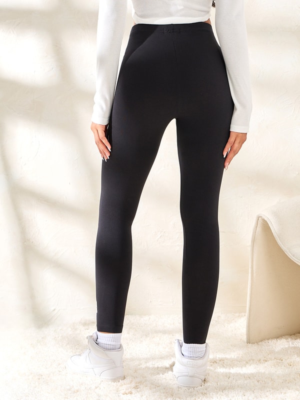 Badge Detail Cotton Ankle Length Leggings For Women at Saudi Styli - Main Image
