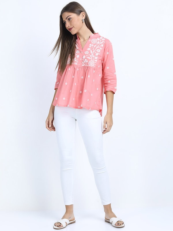 Buy Floral Print Notch Neck Top Pink For Women Styli UAE