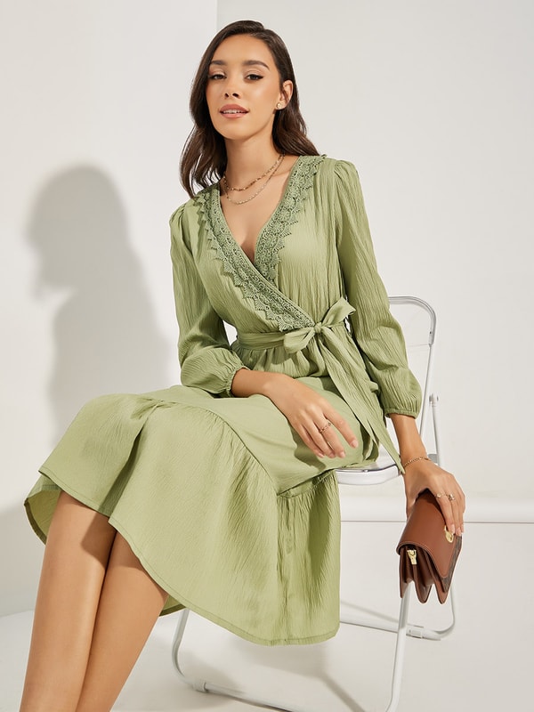 Buy Lace Insert Wrap Front A-Line Midi Dress Olive For Women | Styli Saudi