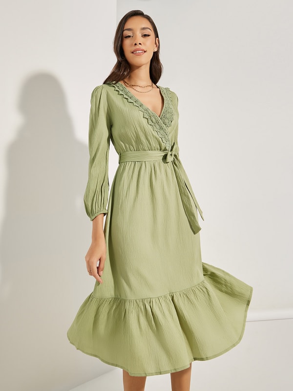Buy Lace Insert Wrap Front A-Line Midi Dress Olive For Women | Styli Saudi