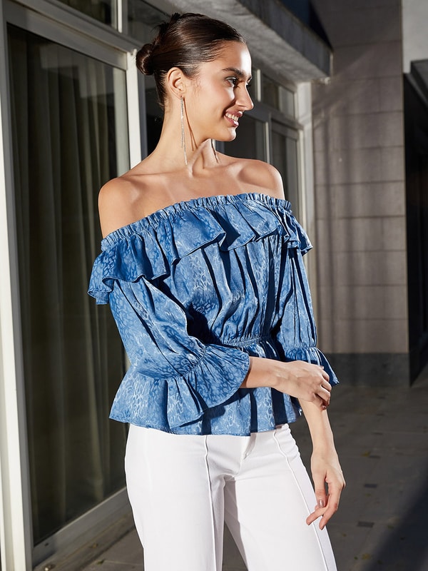 Jacquard Frill Detail Off Shoulder Peplum Top For Women at Saudi