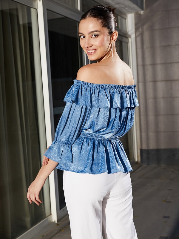 Jacquard Frill Detail Off Shoulder Peplum Top For Women at Saudi