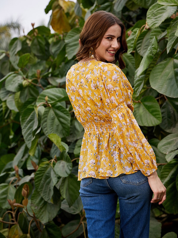 Floral Print Smocked Waist Peplum Top For Women at Saudi | Styli