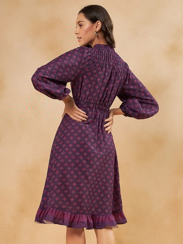 カットソー(長袖+七分) AMAIL - AMAIL Half suke cloth Buy All Over Print Tie Up Detail Knee Length Dress Purple