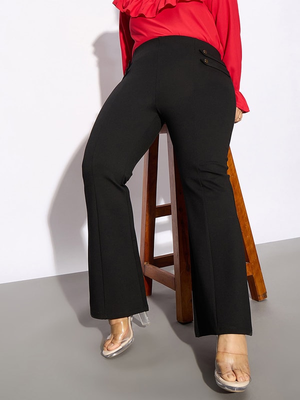 Plus Solid Bell Bottom Trouser with Button Detail For Women at UAE