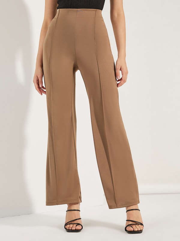 VIP【関税送料無料】希少 O BIANI PRINTED SILK TROUSERS Buy Draped Wide Leg Pants with Pintuck Brown For Women
